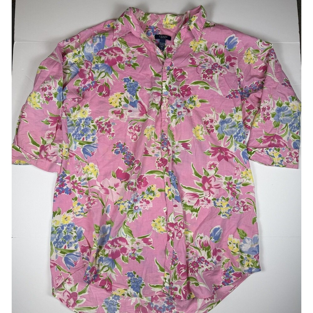 Chaps Ralph Lauren Womens XL Pink Floral Cotton Button Down Shirt 3/4 Sleeve